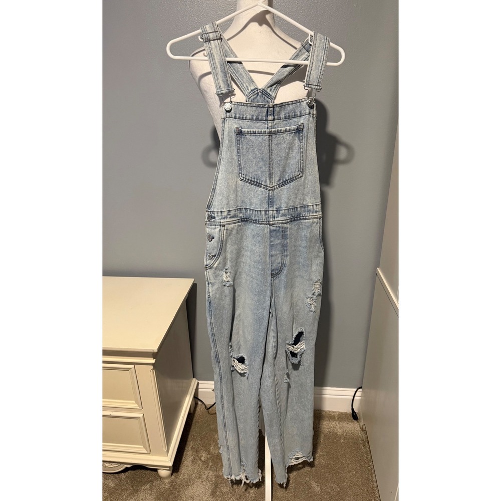 Jessica Simpson Womens XS Light Wash Distressed Denim Overalls Raw Hem Ripped